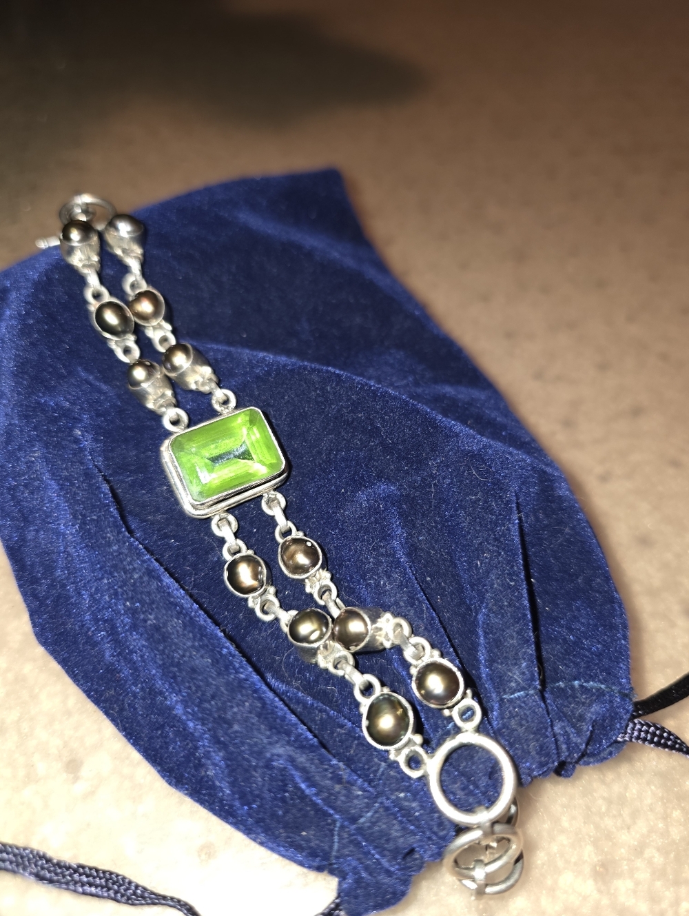 SS greenstone and colored pearl bracelet